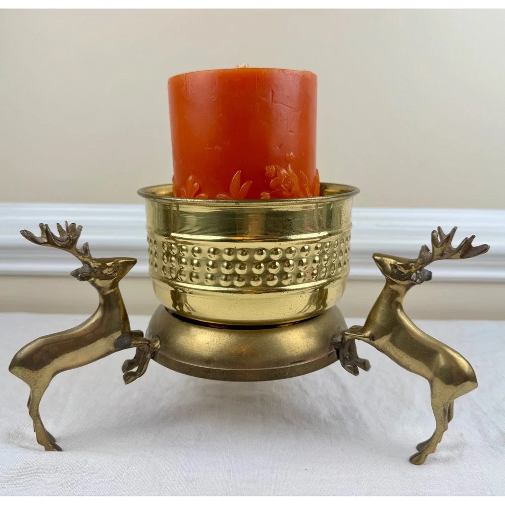Vintage Brass 3 Stag Deer Reindeer Pillar Candle Holder 10.5in w Cabincore Boho
